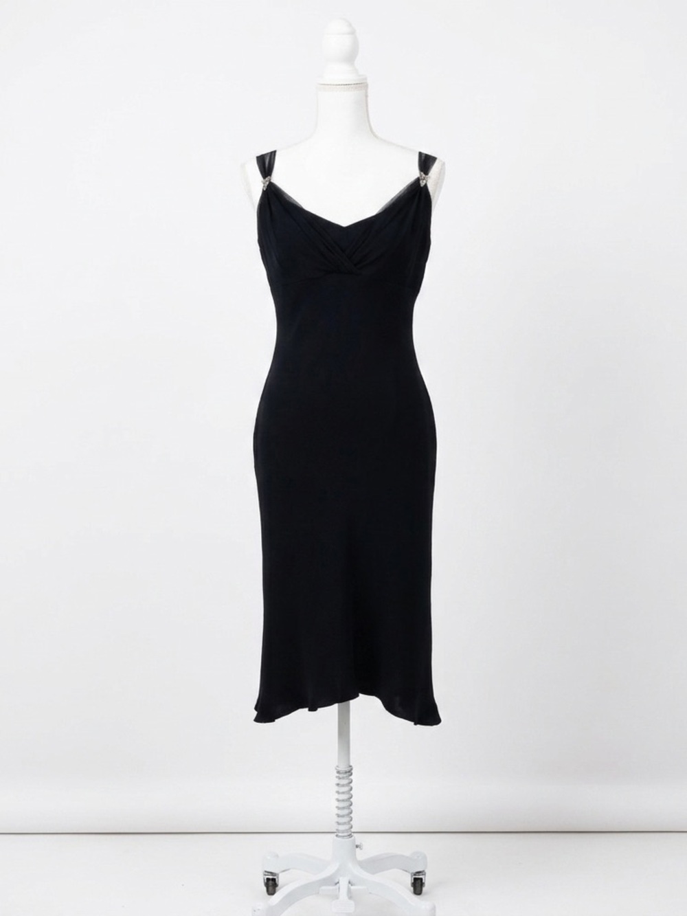Vtg Evan-Picone Black Mesh‎ Overlay Midi Dress Rhinestone Detail High Low Hem 6